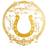 Ferro di cavallo dorato con cornice decorativa, simbolo di fortuna